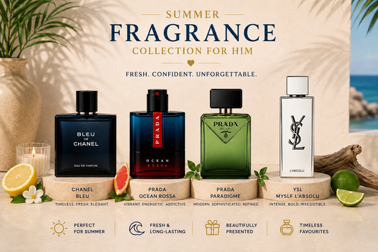 Collection of men's fragrances with descriptive text on a neutral background