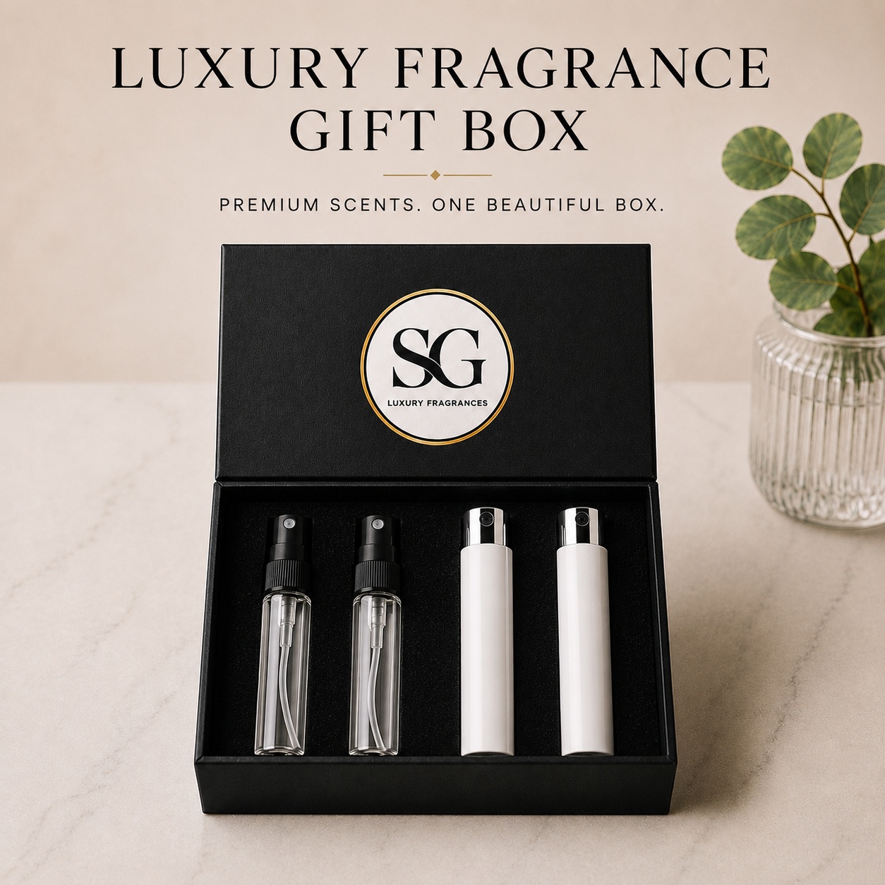 Luxury fragrance gift box with three bottles and a plant on a light surface