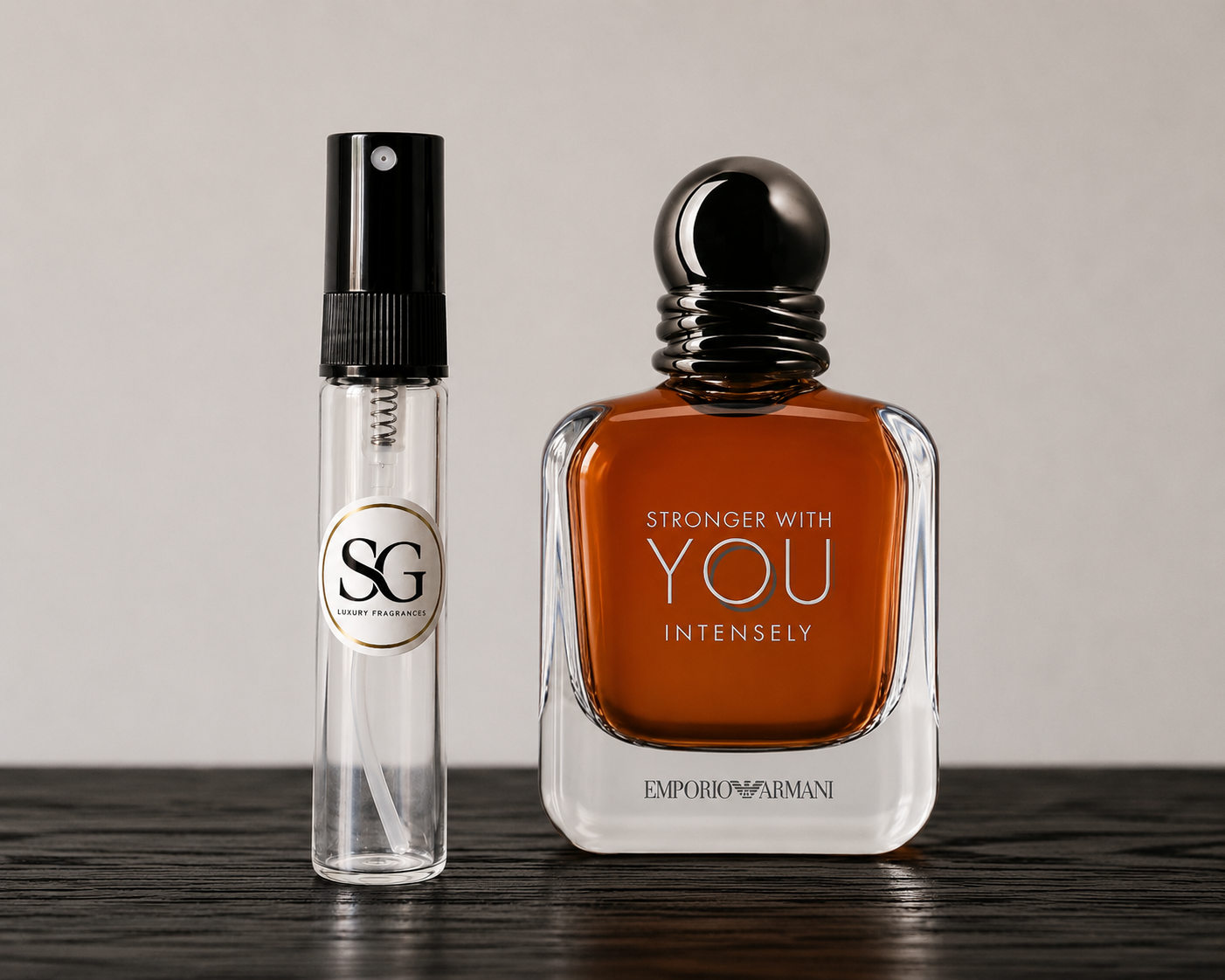 Two perfume bottles on a wooden surface with a neutral background