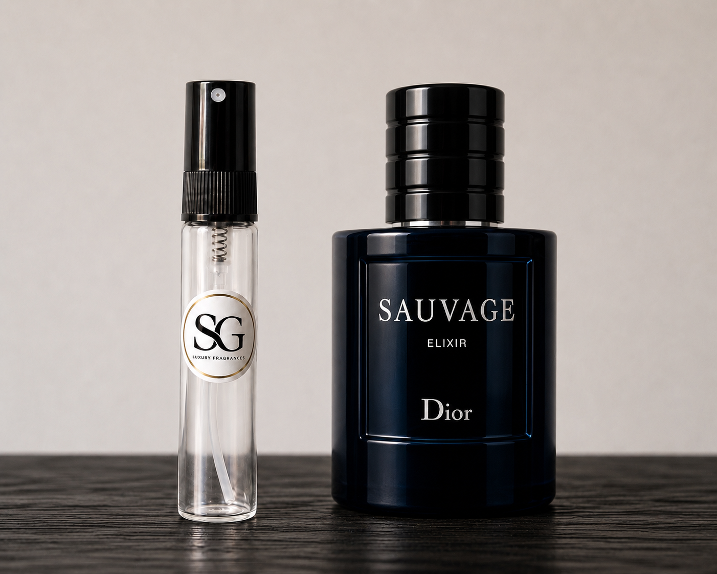 Two perfume bottles, one small and clear, the other large and black with 'Sauvage' branding, on a wooden surface.