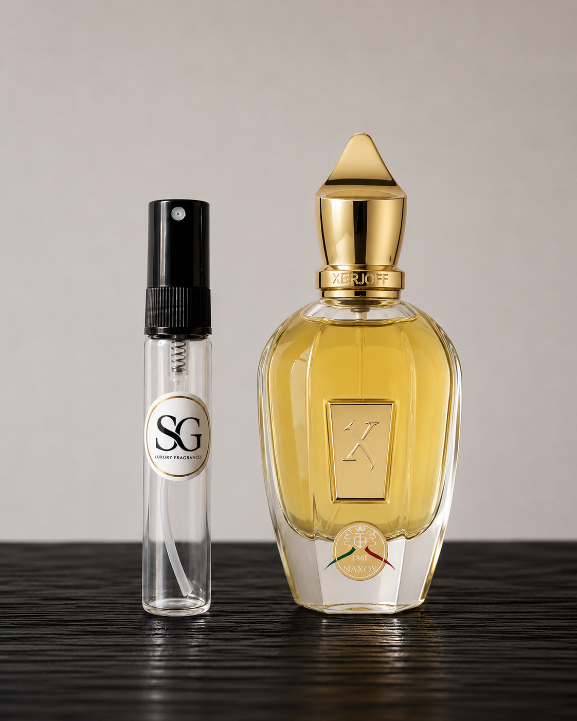 Two perfume bottles, one large and one small, on a wooden surface with a neutral background.